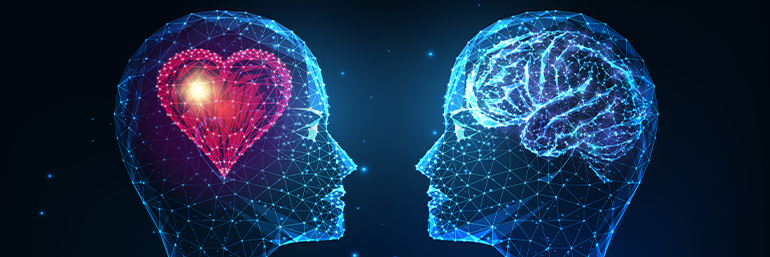 Digital illustration of two human profiles facing each other, one with a glowing red heart inside the head and the other with a glowing blue brain, symbolizing the balance between emotion and logic.